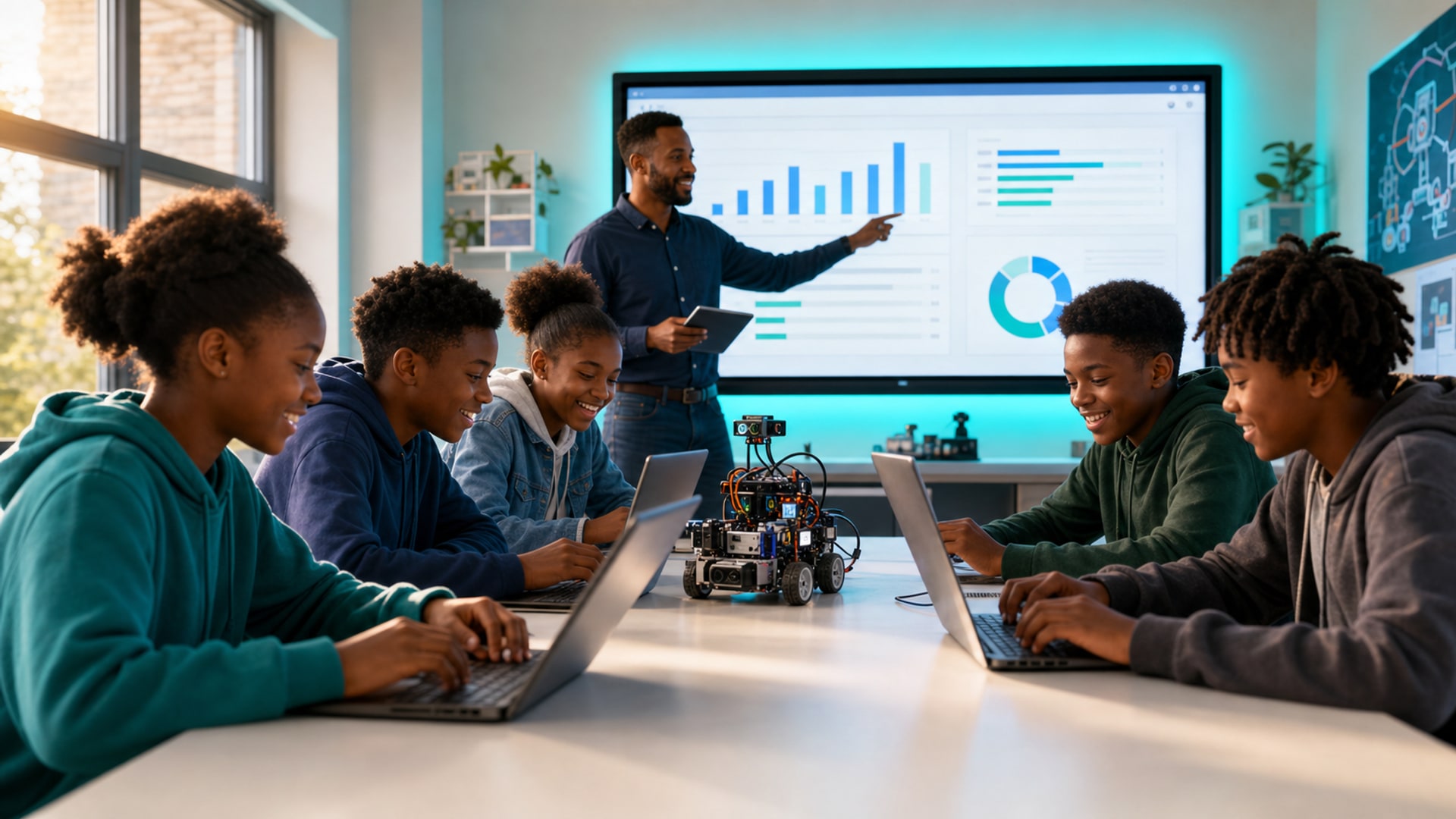 Teacher leading a robotics class with progress dashboard